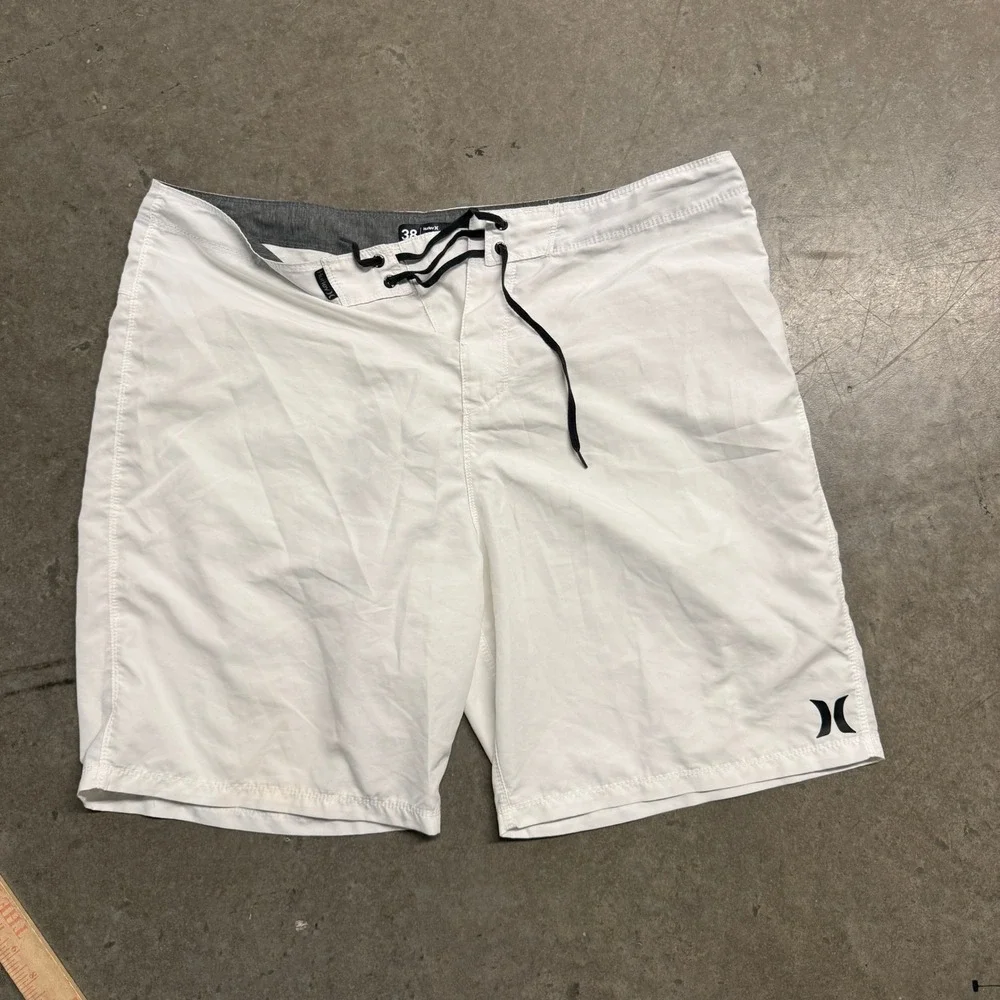 Hurley Mens White Board Shorts Swim Trunks Size 38 Lace Up Back Pocket Surf
